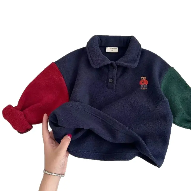 Children's Navy Fleece Polo Shirt with Bear Embroidery