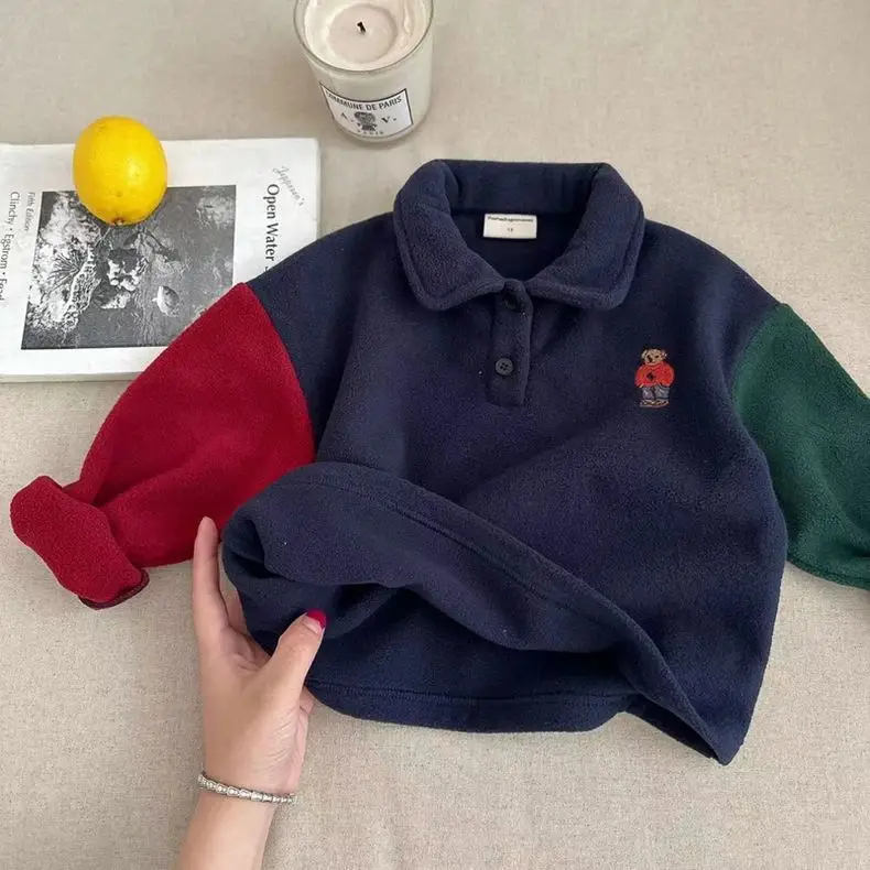 Children's Navy Fleece Polo Shirt with Bear Embroidery — feature 2