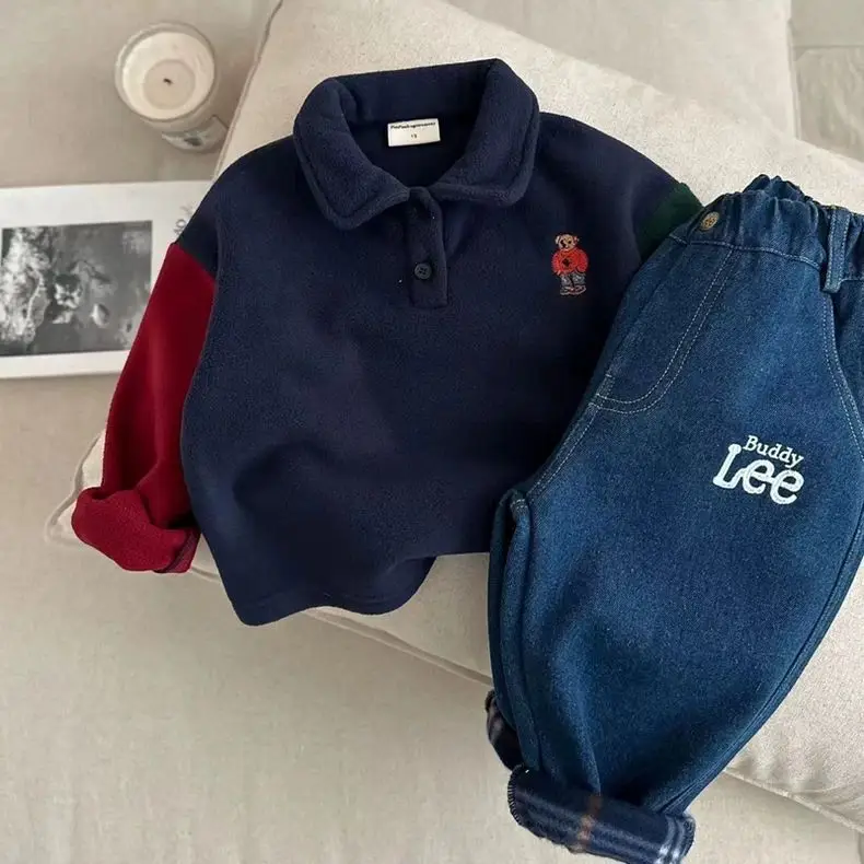 Children's Navy Fleece Polo Shirt with Bear Embroidery — feature 6