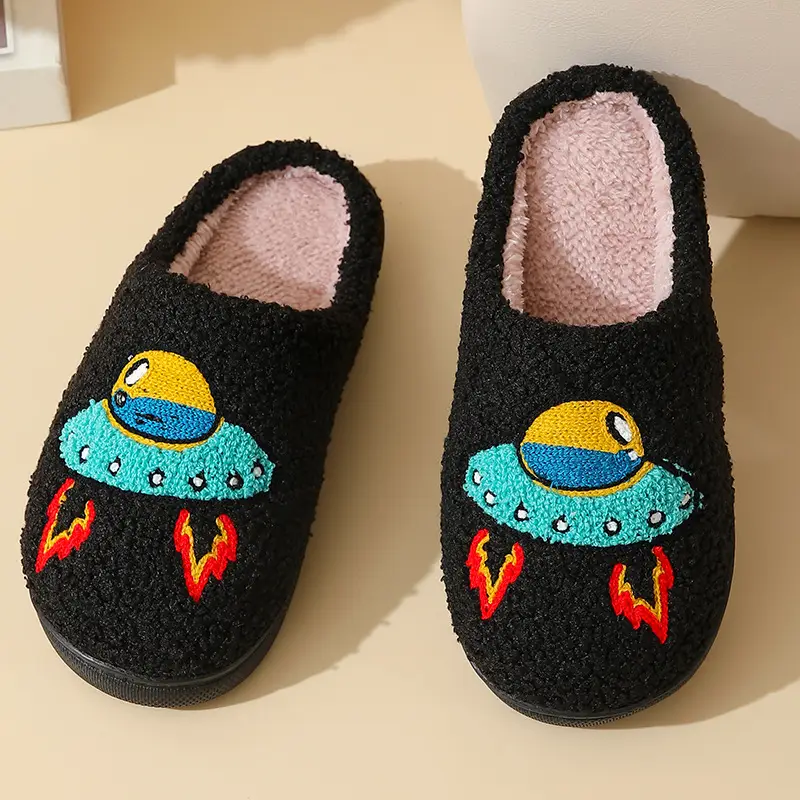 New Comfortable Home Cute Embroidered Spaceship Style Winter Cotton Slippers for Men and Women Couples Thick-Soled Warm Cotton Slippers