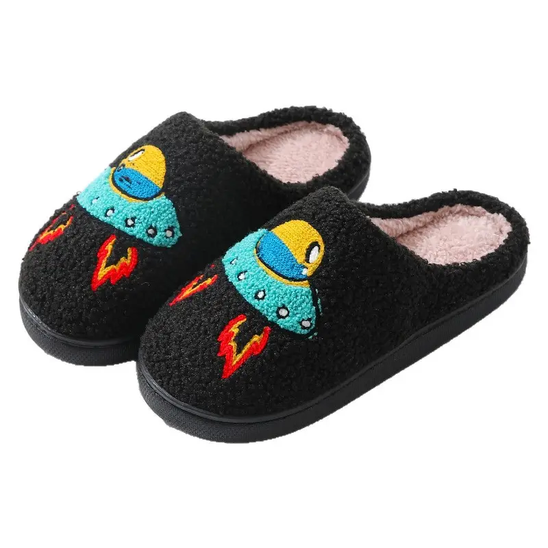 New Comfortable Home Cute Embroidered Spaceship Style Winter Cotton Slippers for Men and Women Couples Thick-Soled Warm Cotton Slippers