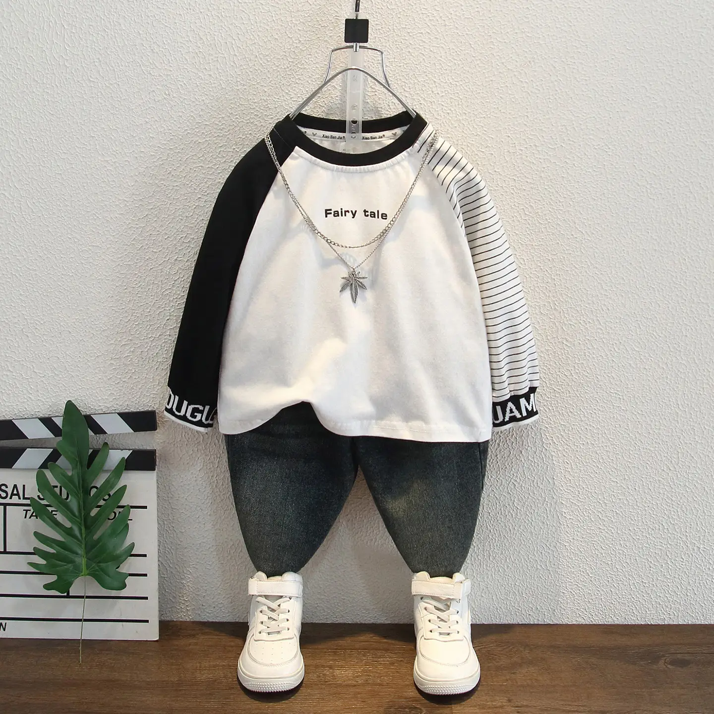 Boys' White Striped Long Sleeve T-Shirt with Black Sleeve Back - Image 2