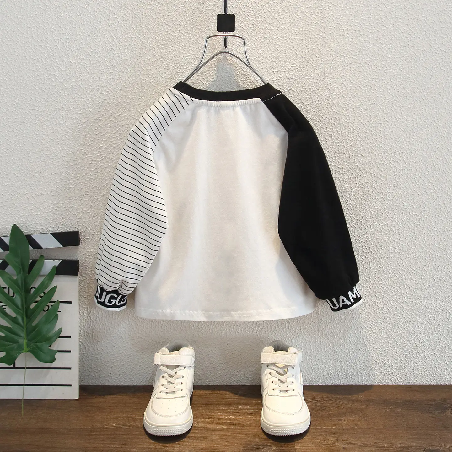 Boys' White Striped Long Sleeve T-Shirt with Black Sleeve Back - Image 3