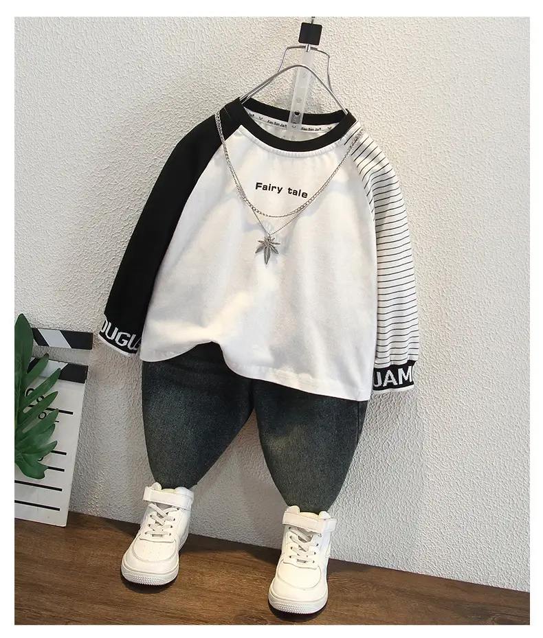 Boys' White Striped Long Sleeve T-Shirt with Black Sleeve Back — feature 5