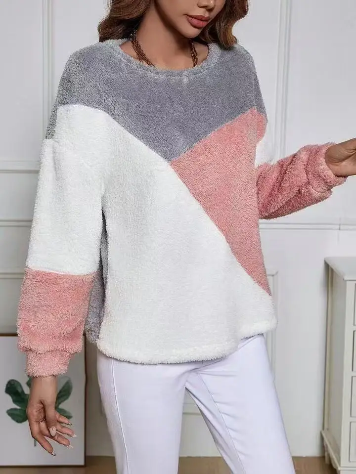 Women Plush Crossbody Warm Pullover Grey Pink White — feature 21