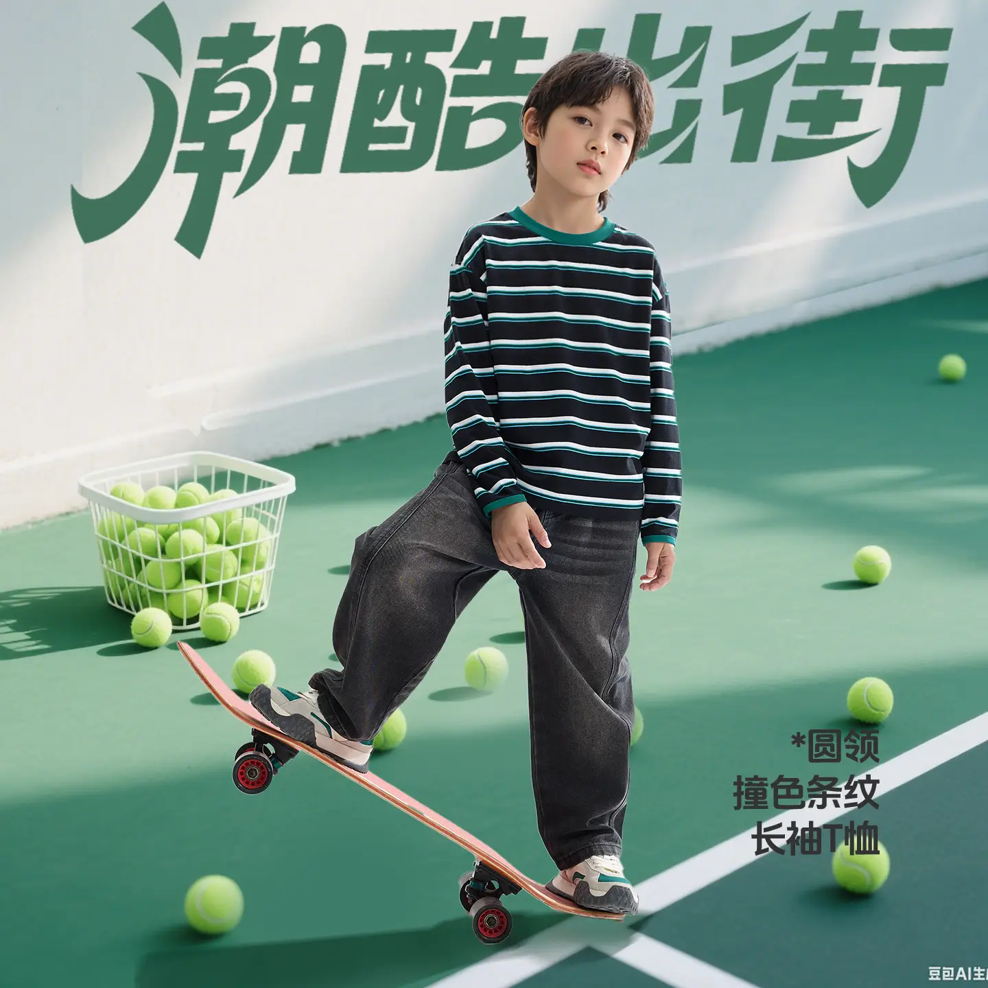 2026 Spring Boys Striped Long Sleeve T-Shirt Green White - Image 4