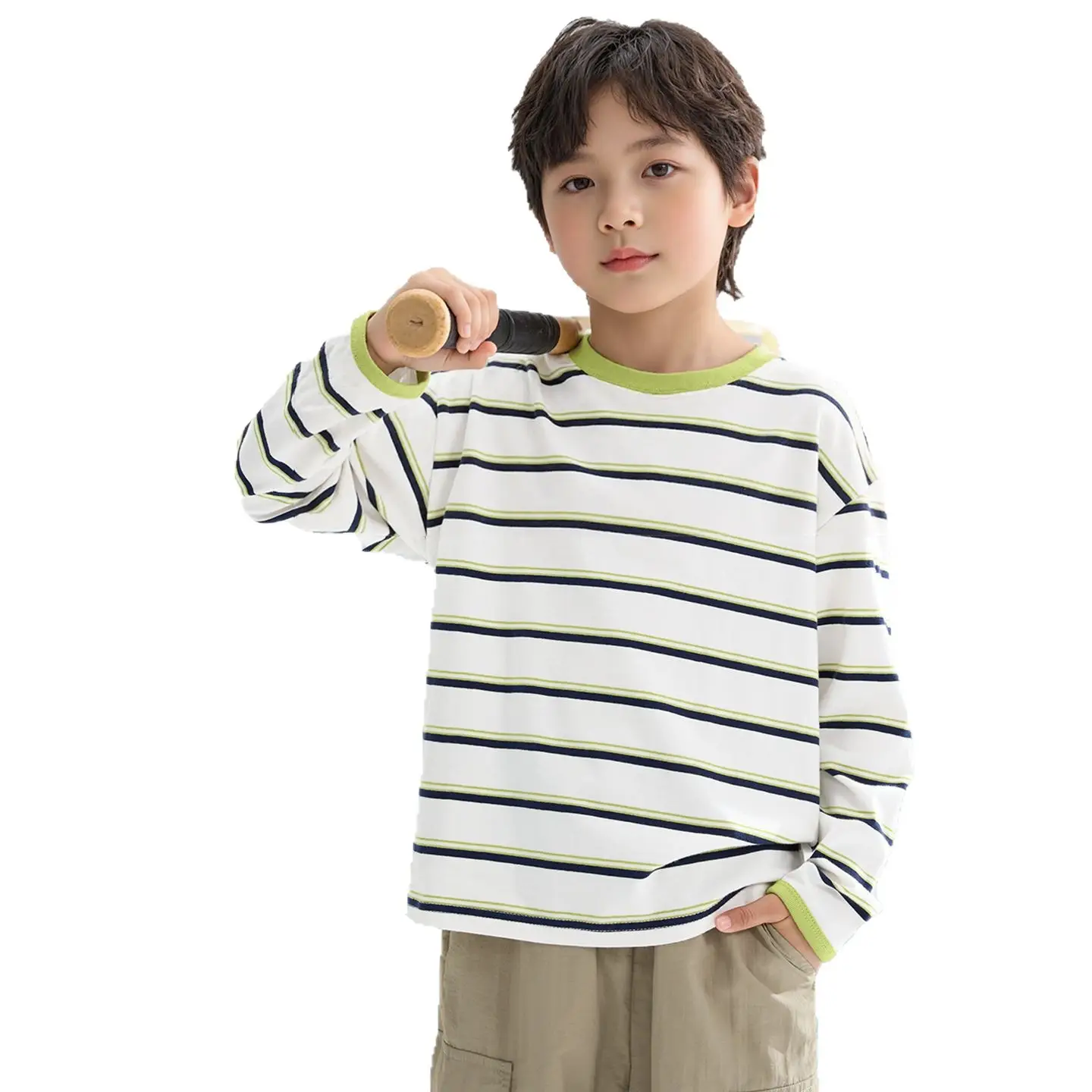 2026 Spring Boys Striped Long Sleeve T-Shirt Green White - Image 7