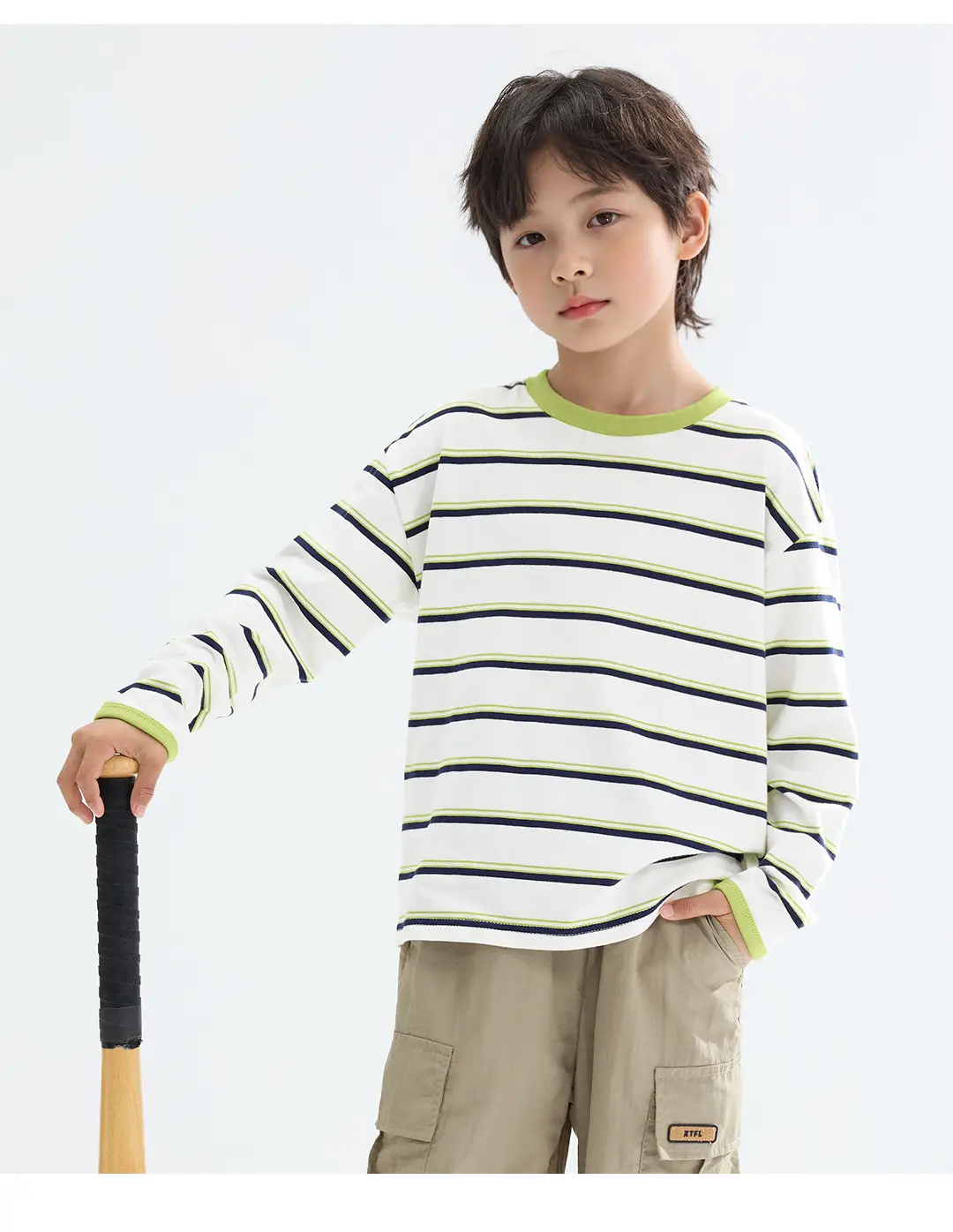 2026 Spring Boys Striped Long Sleeve T-Shirt Green White — feature 8