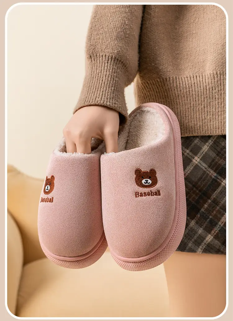 New Embroidered Bear Slippers for Women Pink Winter Warm Cotton — feature 20