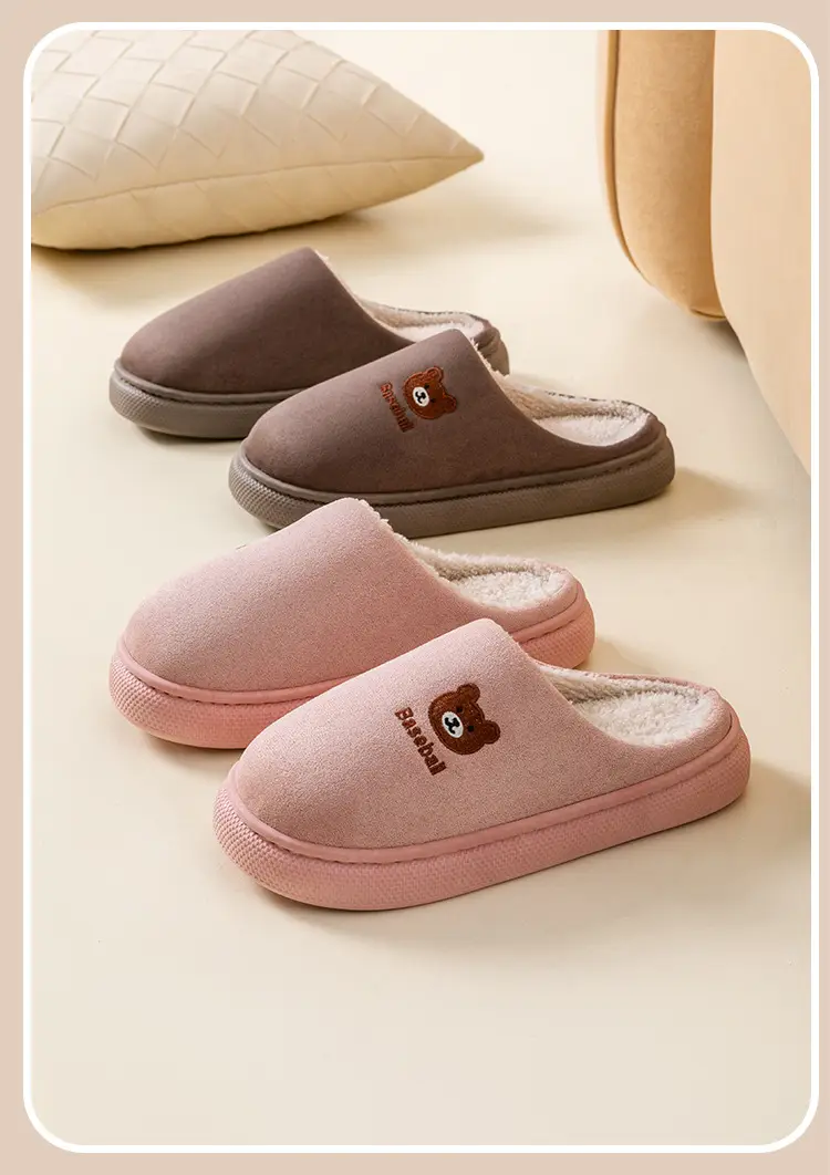 New Embroidered Bear Slippers for Women Pink Winter Warm Cotton — feature 25