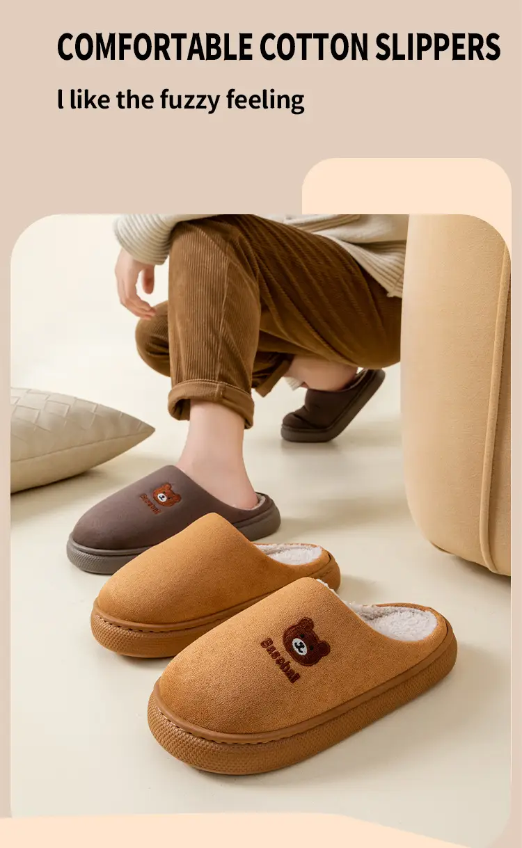 New Embroidered Bear Slippers for Women Pink Winter Warm Cotton — feature 6
