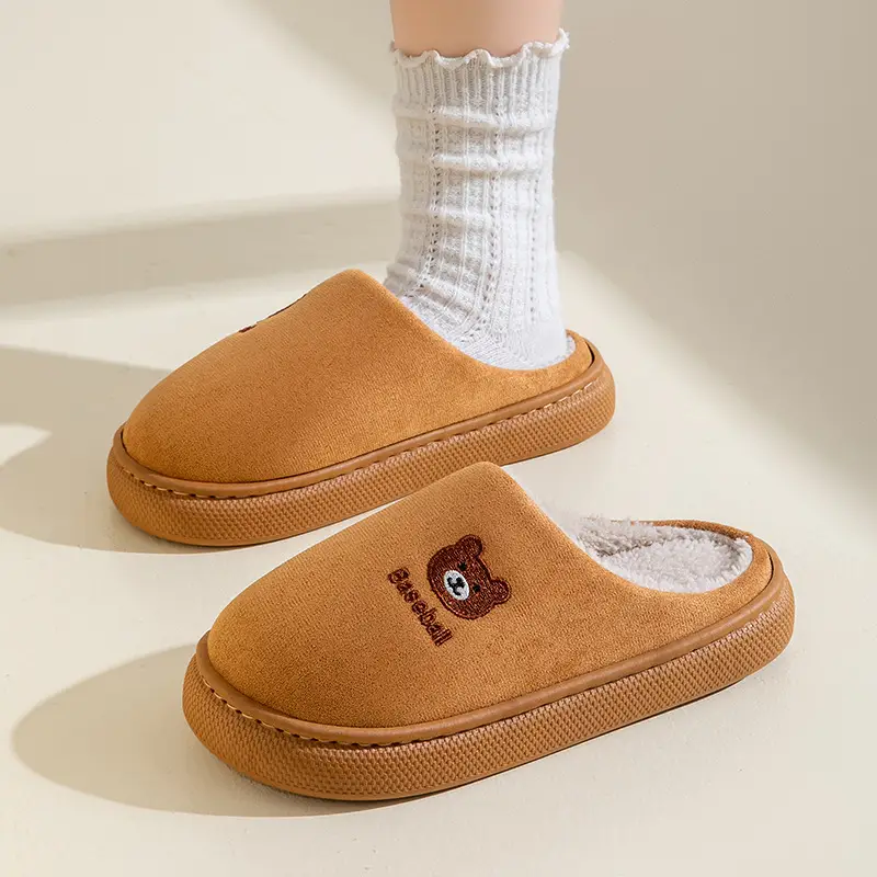 New Embroidered Bear Slippers for Women Pink Winter Warm Cotton - Image 2