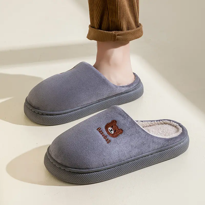 New Embroidered Bear Slippers for Women Pink Winter Warm Cotton - Image 4