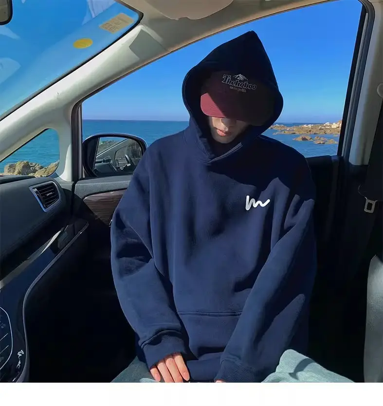 Navy Blue Heavy Hooded Velvet Sweatshirt Men's Spring, Autumn and Winter American Fashion Brand Loose Casual Boys' Tops — feature 2