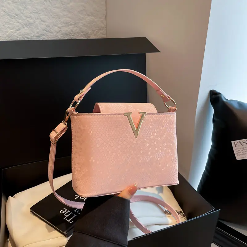 Maroon Snake Pattern Satchel Bag with V Logo - Image 7