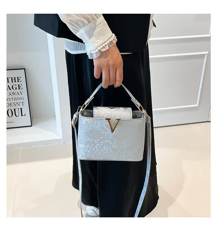 Maroon Snake Pattern Satchel Bag with V Logo — feature 14