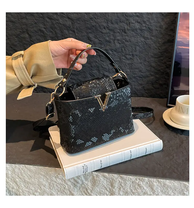 Maroon Snake Pattern Satchel Bag with V Logo — feature 7