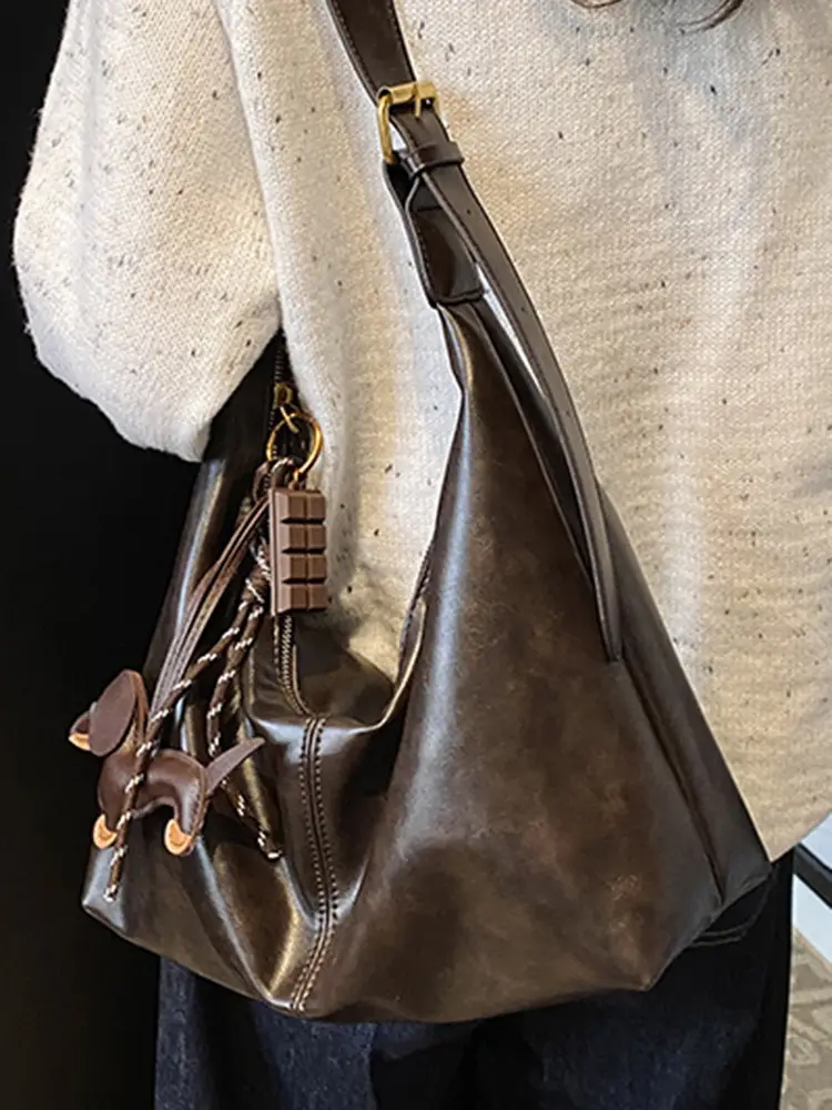 Brown Leather Crossbody Bag Large Capacity Women - Image 13