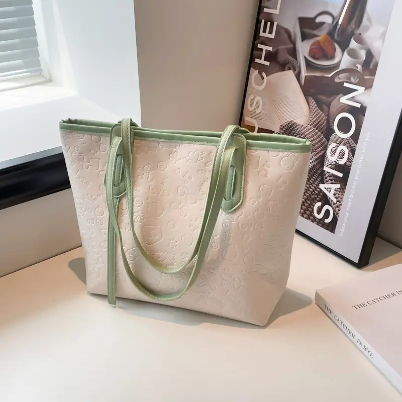 Women Large Capacity Textured Shoulder Bag Green Handles — feature 14