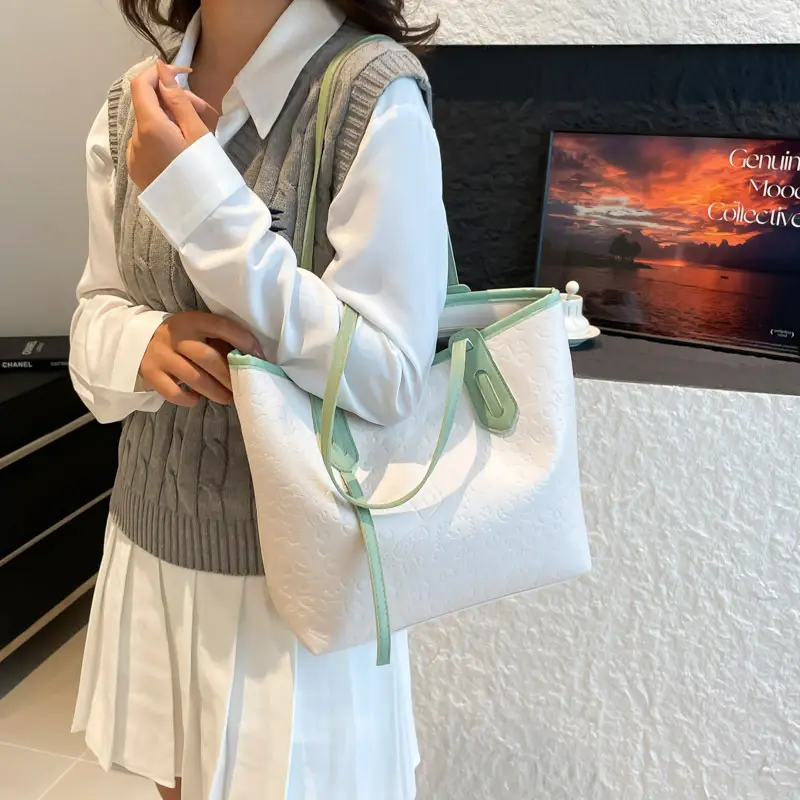 Women Large Capacity Textured Shoulder Bag Green Handles — feature 20