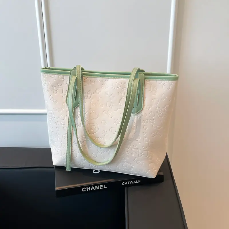 Women Large Capacity Textured Shoulder Bag Green Handles - Image 2
