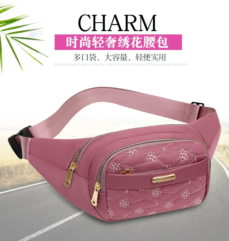 Women's Embroidered Waist Bag Pink Large Capacity — feature 1