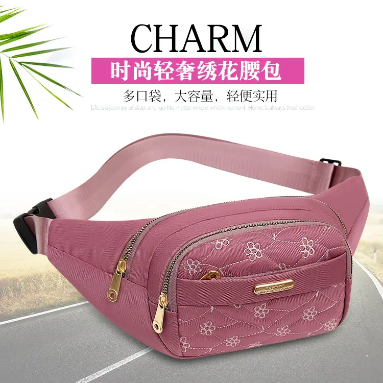 Women's Embroidered Waist Bag Pink Large Capacity — feature 40