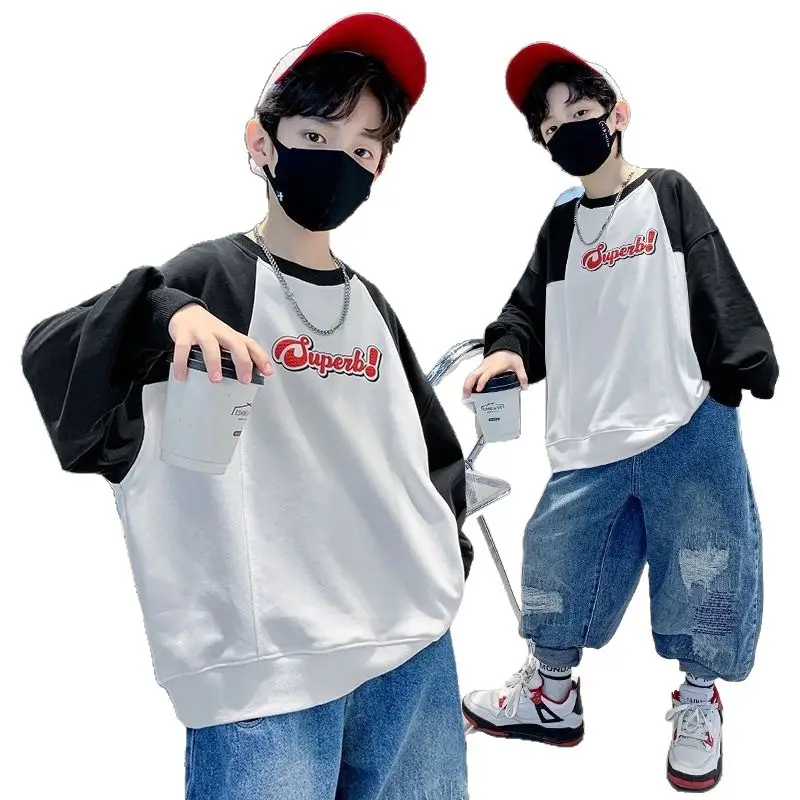 Boys Sweatshirt White Black Round Neck T-Shirt Top - Image 7