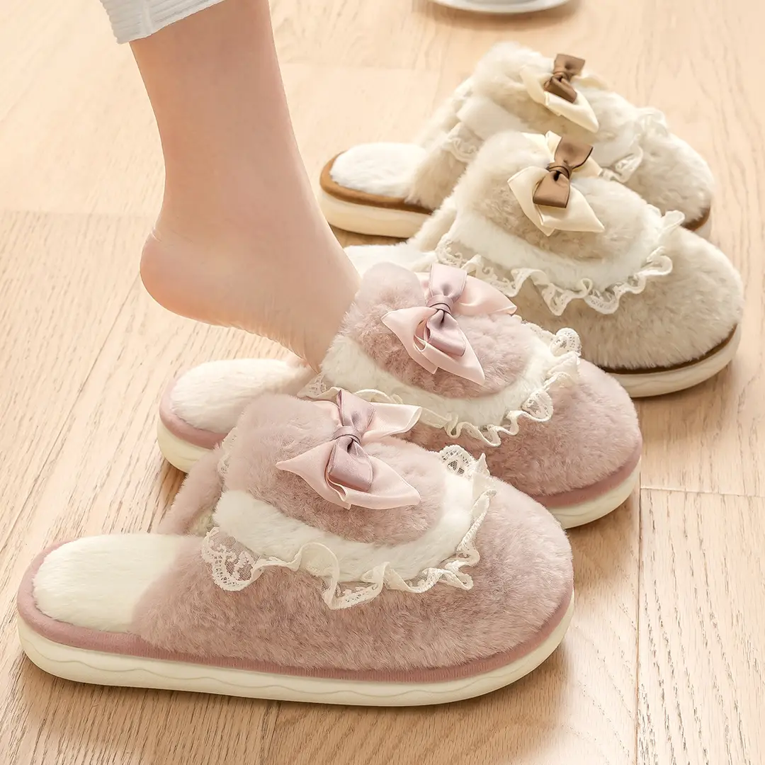 Bow Cotton Slippers for Women Winter 2025 New Couple Cute Home Plush Warm Plush Slippers - Image 4