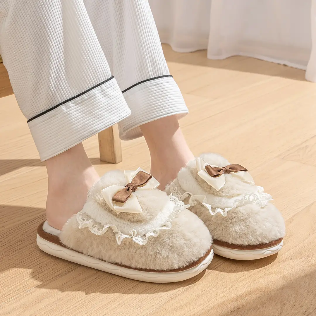 Bow Cotton Slippers for Women Winter 2025 New Couple Cute Home Plush Warm Plush Slippers - Image 6