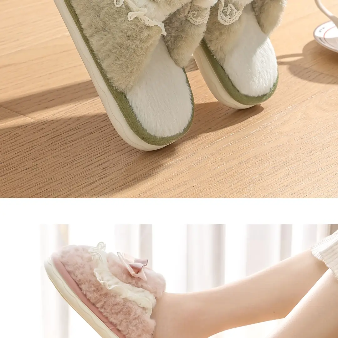 Bow Cotton Slippers for Women Winter 2025 New Couple Cute Home Plush Warm Plush Slippers — feature 21