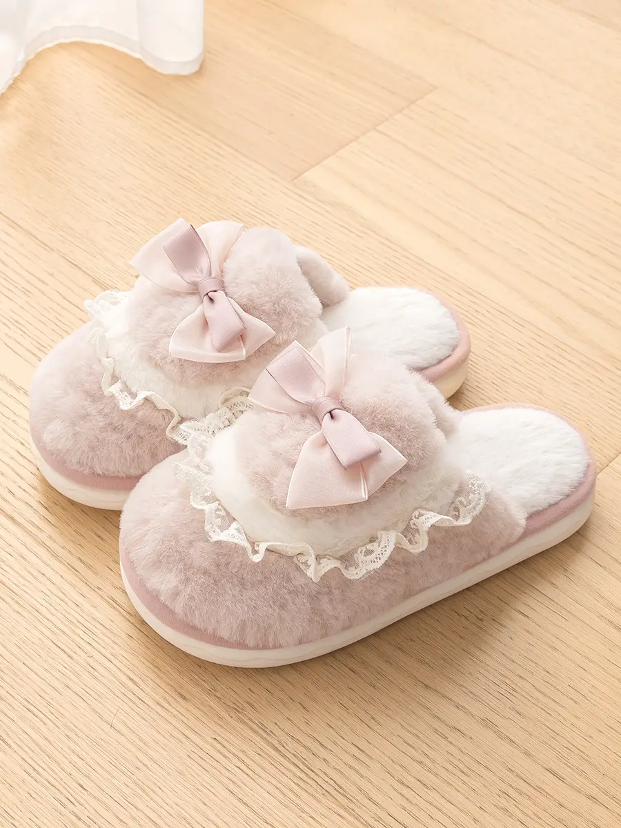 Bow Cotton Slippers for Women Winter 2025 New Couple Cute Home Plush Warm Plush Slippers - Image 2
