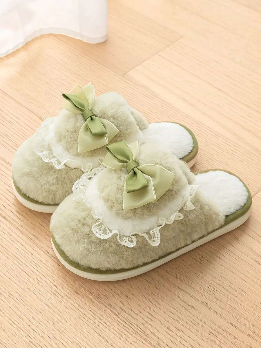 Bow Cotton Slippers for Women Winter 2025 New Couple Cute Home Plush Warm Plush Slippers - Image 3