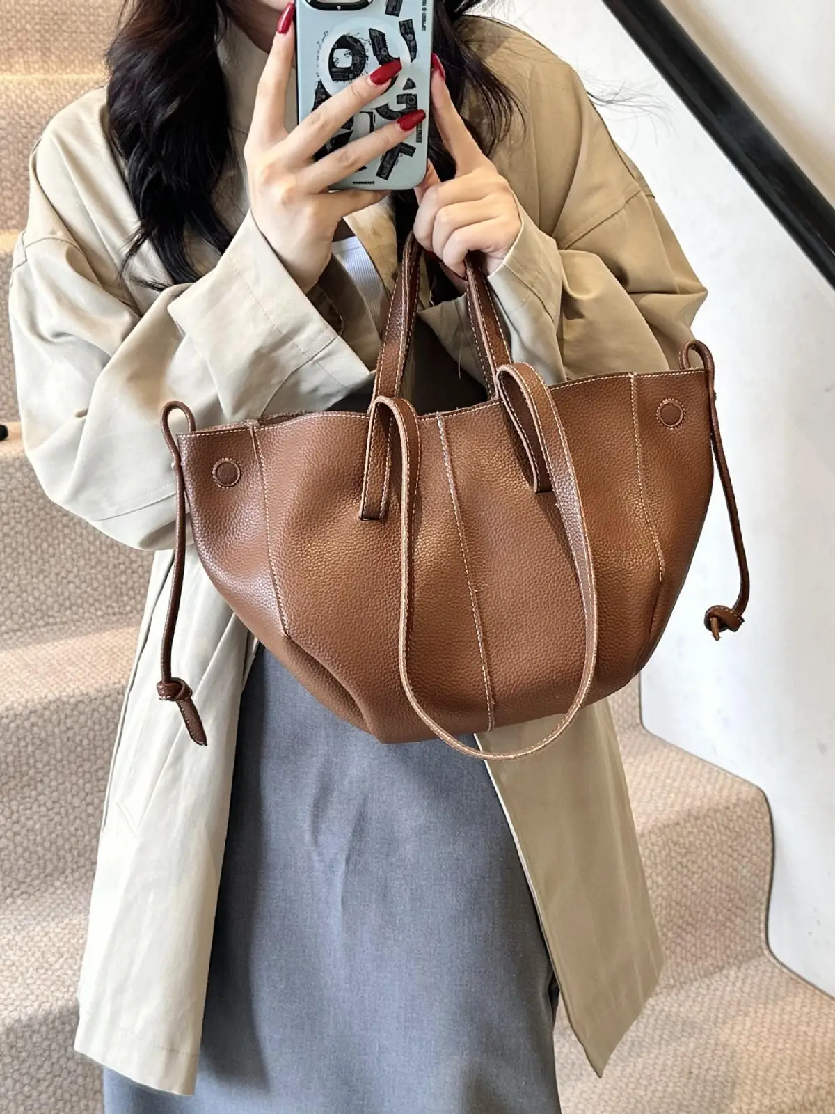Tote Bag Tan Leather Large Capacity Shoulder Crossbody - Image 2