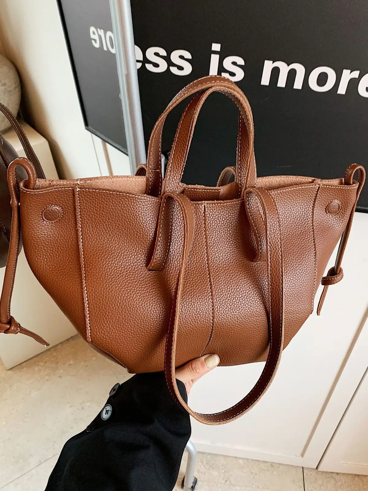 Tote Bag Tan Leather Large Capacity Shoulder Crossbody - Image 3