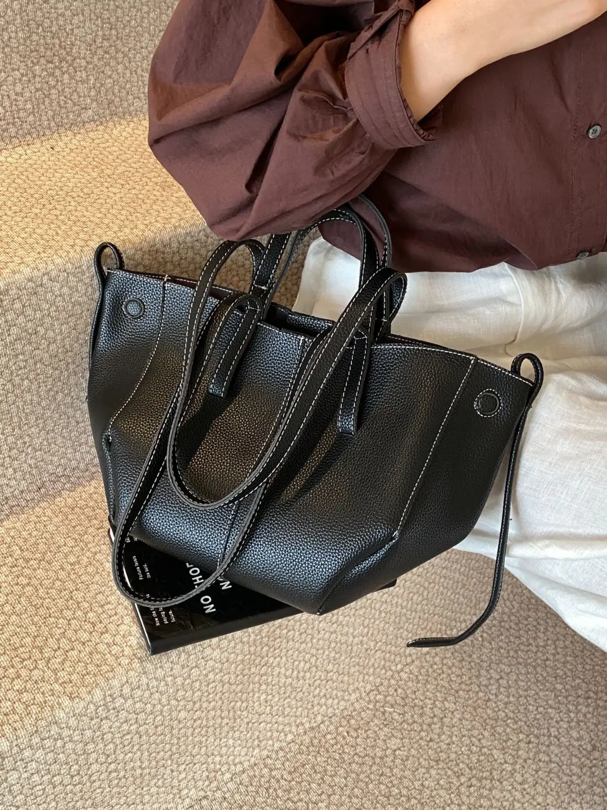 Tote Bag Tan Leather Large Capacity Shoulder Crossbody - Image 5