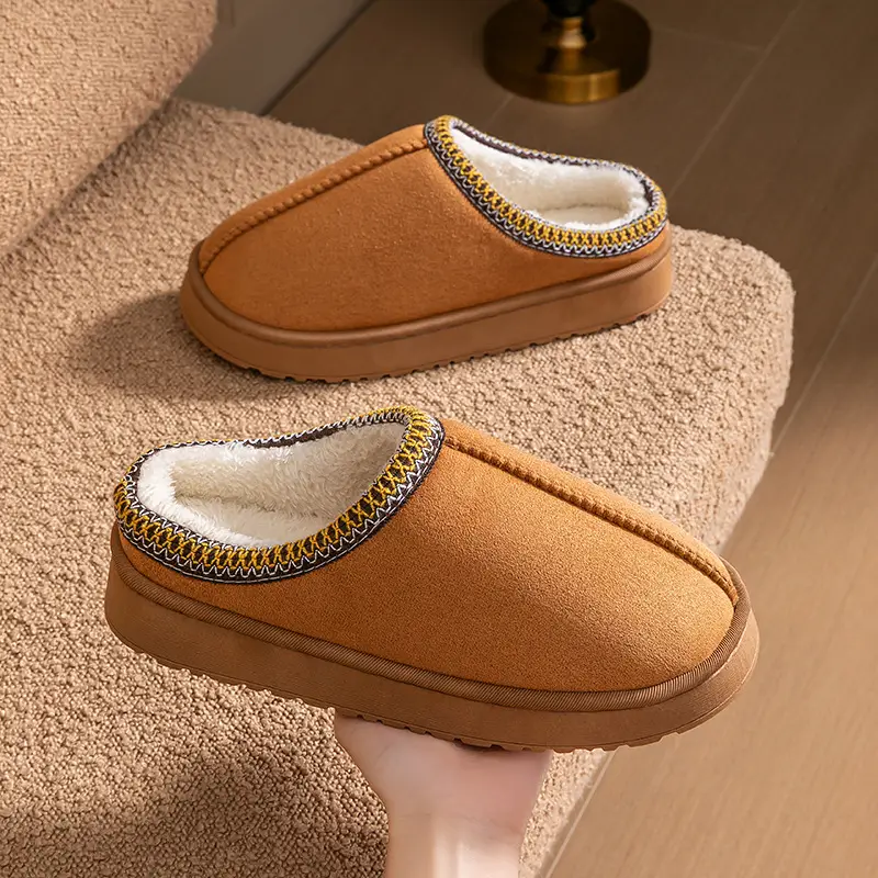 Autumn and Winter Plush Cotton Slippers for Women Indoor Home Soft Sole Non-Slip Warm Couple Fleece-Lined Lace Cotton Slippers for Men