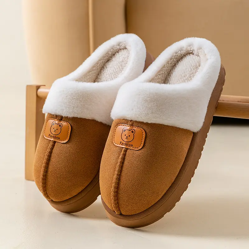 Autumn and Winter Plush Cotton Slippers for Women Indoor Home Soft Sole Non-Slip Warm Couple Fleece-Lined Lace Cotton Slippers for Men