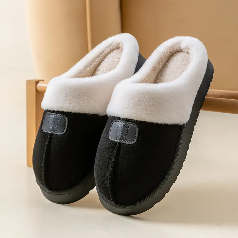Autumn and Winter Plush Cotton Slippers for Women Indoor Home Soft Sole Non-Slip Warm Couple Fleece-Lined Lace Cotton Slippers for Men