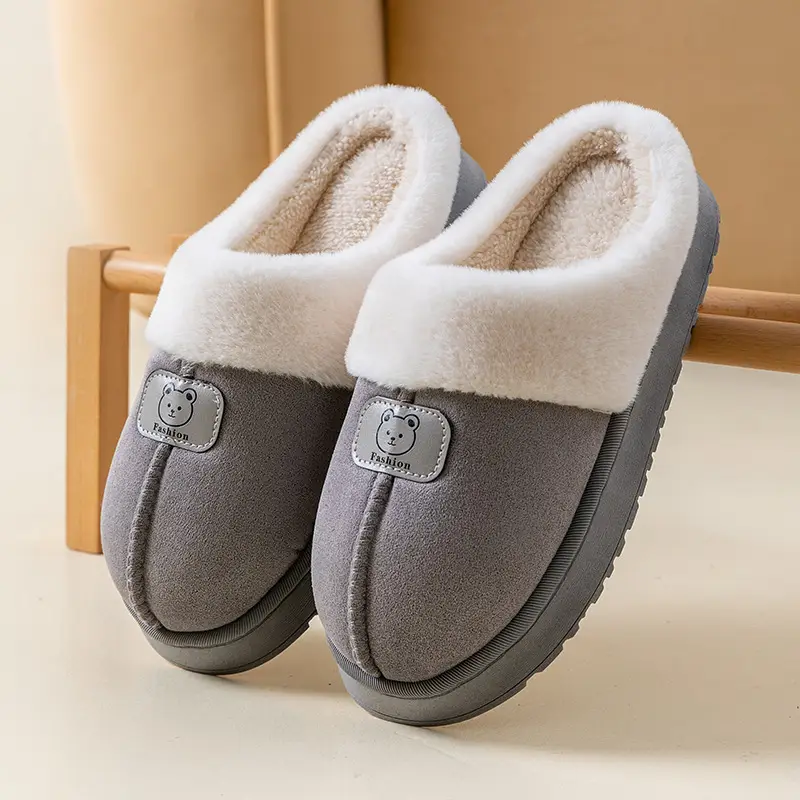 Autumn and Winter Plush Cotton Slippers for Women Indoor Home Soft Sole Non-Slip Warm Couple Fleece-Lined Lace Cotton Slippers for Men