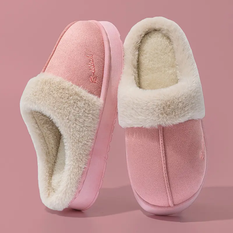 Autumn and Winter Plush Cotton Slippers for Women Indoor Home Soft Sole Non-Slip Warm Couple Fleece-Lined Lace Cotton Slippers for Men
