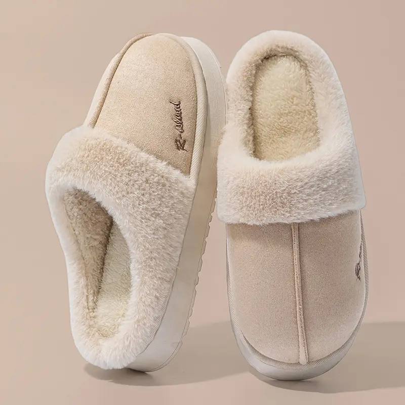 Autumn and Winter Plush Cotton Slippers for Women Indoor Home Soft Sole Non-Slip Warm Couple Fleece-Lined Lace Cotton Slippers for Men