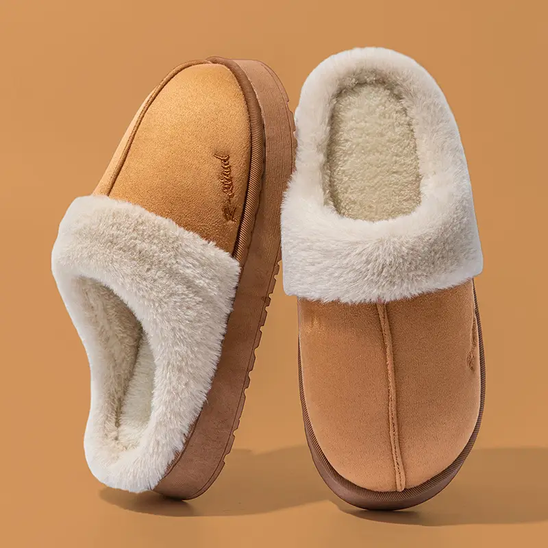 Autumn and Winter Plush Cotton Slippers for Women Indoor Home Soft Sole Non-Slip Warm Couple Fleece-Lined Lace Cotton Slippers for Men