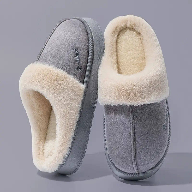 Autumn and Winter Plush Cotton Slippers for Women Indoor Home Soft Sole Non-Slip Warm Couple Fleece-Lined Lace Cotton Slippers for Men