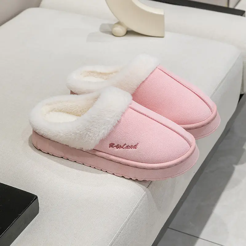 Autumn and Winter Plush Cotton Slippers for Women Indoor Home Soft Sole Non-Slip Warm Couple Fleece-Lined Lace Cotton Slippers for Men