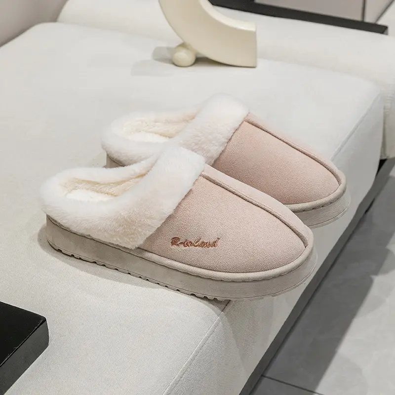 Autumn and Winter Plush Cotton Slippers for Women Indoor Home Soft Sole Non-Slip Warm Couple Fleece-Lined Lace Cotton Slippers for Men