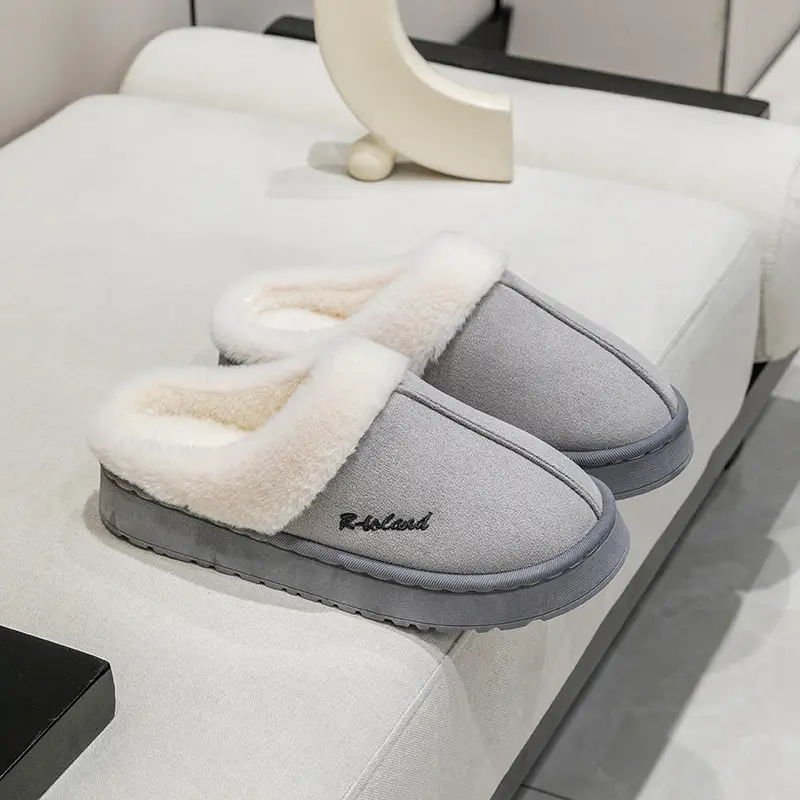 Autumn and Winter Plush Cotton Slippers for Women Indoor Home Soft Sole Non-Slip Warm Couple Fleece-Lined Lace Cotton Slippers for Men