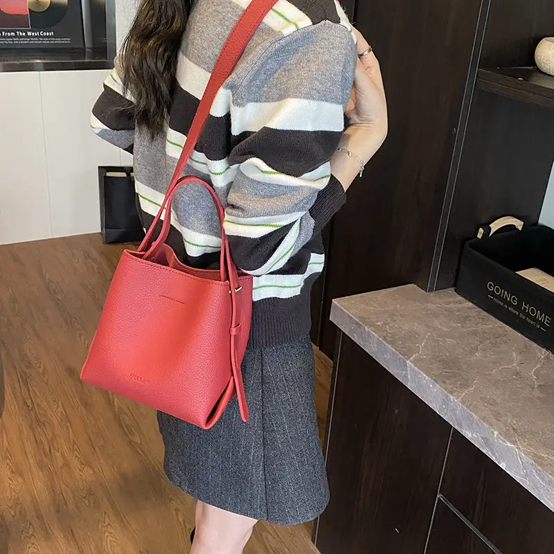 Women Large Capacity Bucket Bag Tan Leather Shoulder Crossbody - Image 7