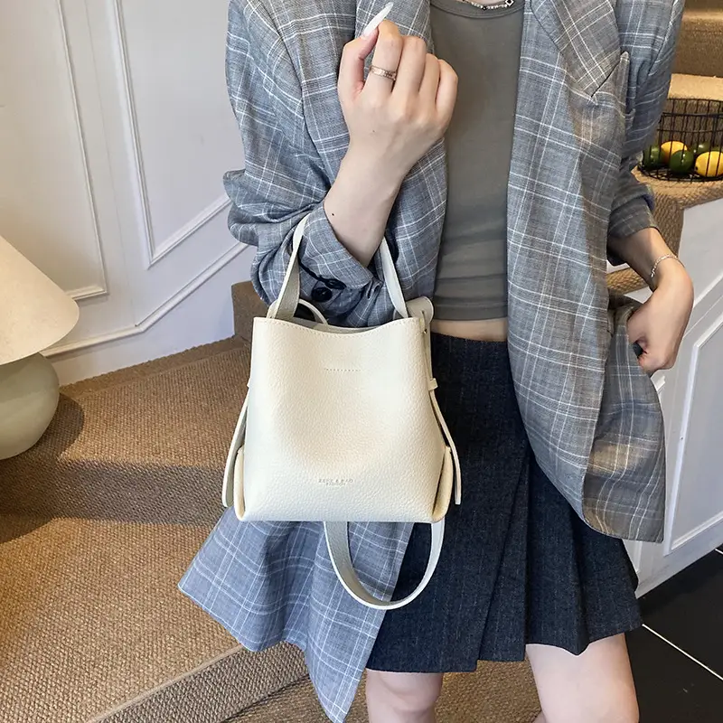 Women Large Capacity Bucket Bag Tan Leather Shoulder Crossbody - Image 8
