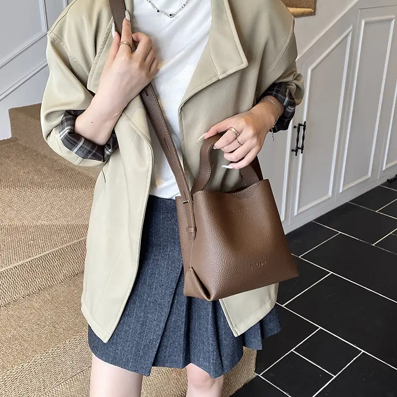 Women Large Capacity Bucket Bag Tan Leather Shoulder Crossbody - Image 9
